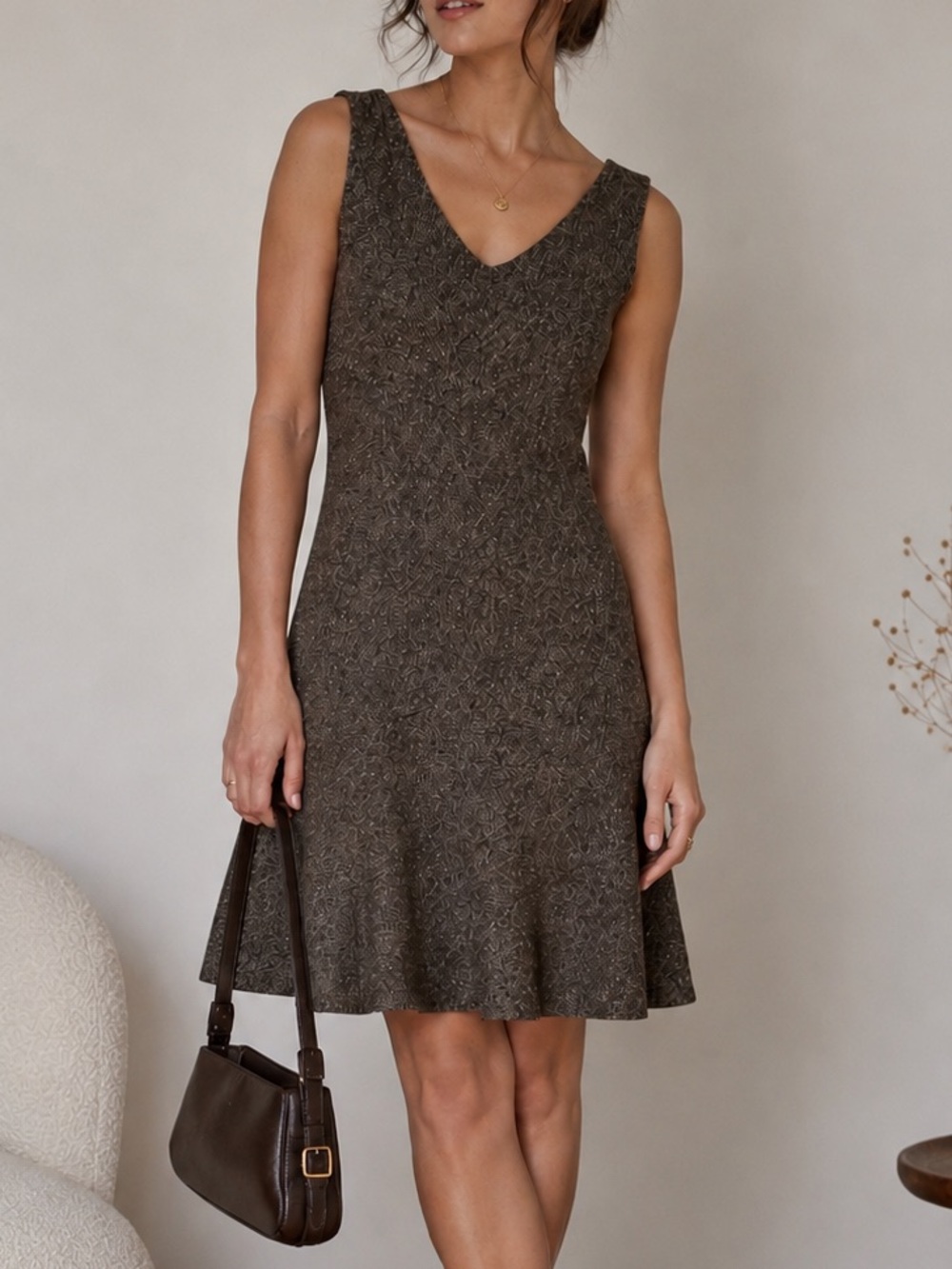 LOFT Brown Tweed Wool & Silk Blend Sleeveless V-Neck Dress Size 14 Clean Girl
